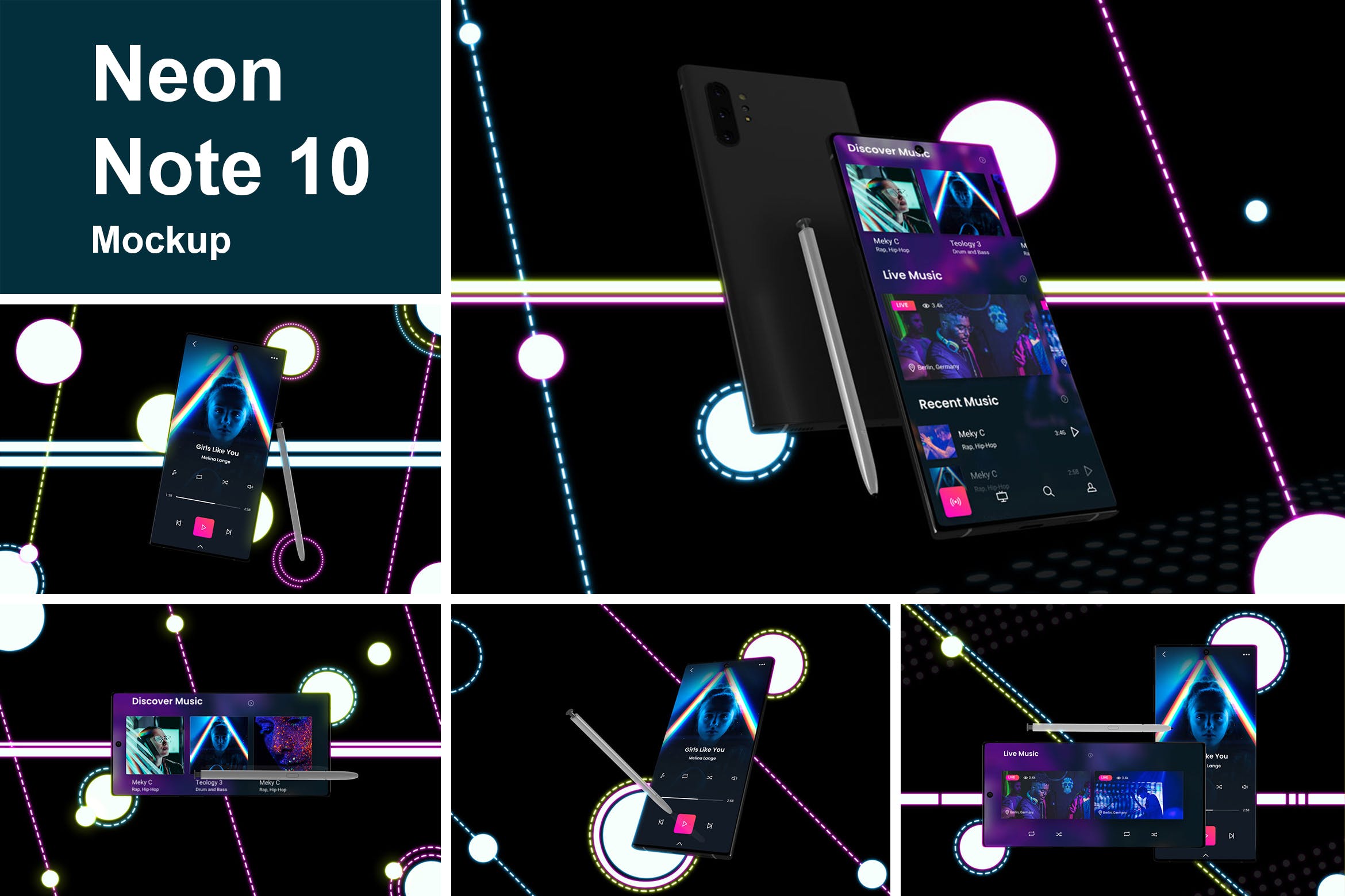 酷黑背景三星智能手机Note 10多角度屏幕预览样机模板 Neon Note 10 MockUp插图