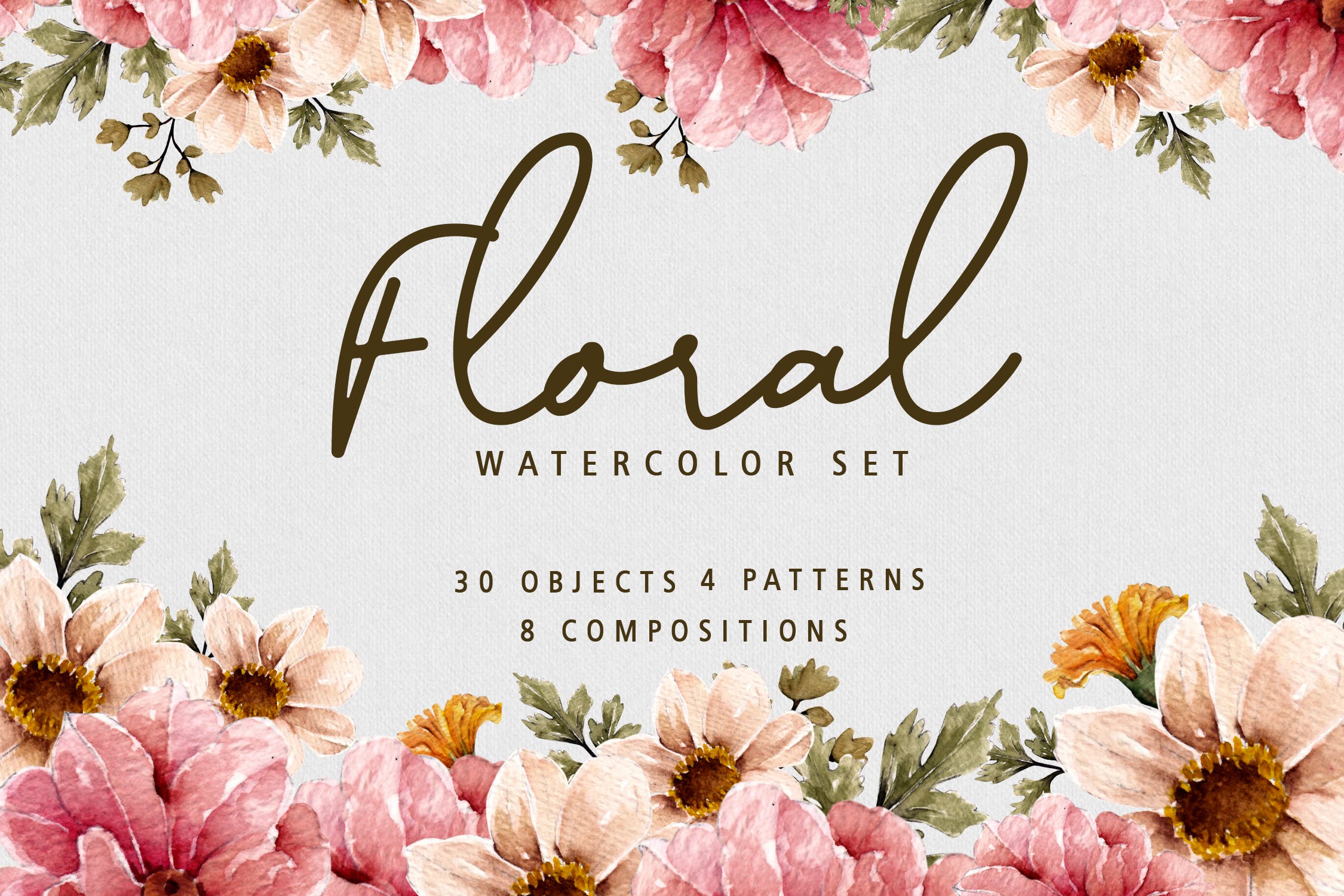 植物花卉水彩手绘图案纹样背景设计套装 Floral Botanical Watercolor Set插图