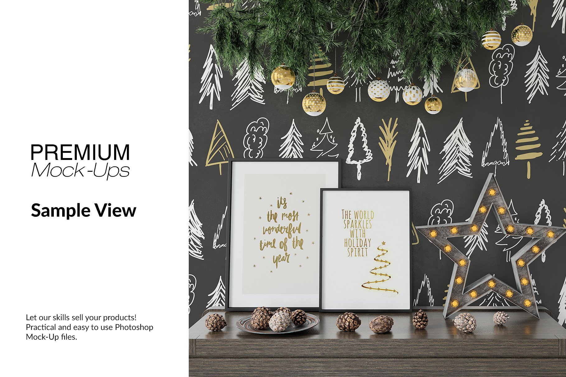 高品质的圣诞节画框框架和墙壁装饰展示样机 Christmas Frames & Wall Set [psd,jpg]插图(9)