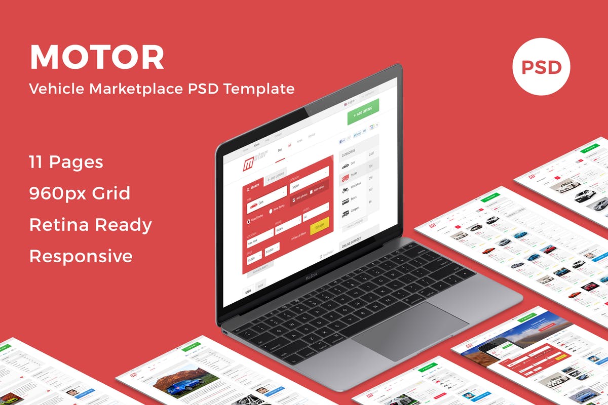 汽车在线交易市场网站设计PSD模板 Motor – Vehicle Marketplace PSD Template插图