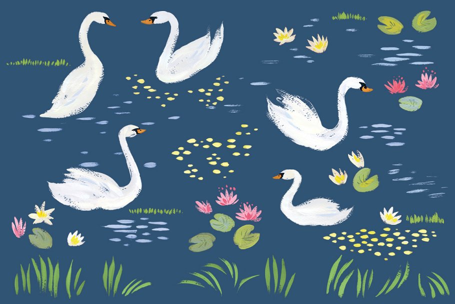 天鹅湖水彩艺术剪贴画 Swan Lake Clipart插图(1)