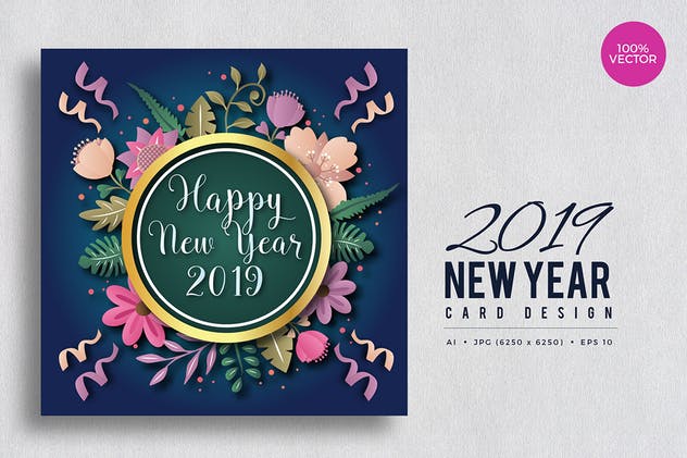 2019年新年贺卡手绘花卉插画设计模板v1 Happy New Year 2019 Floral Vector Card Vol.1插图(1)