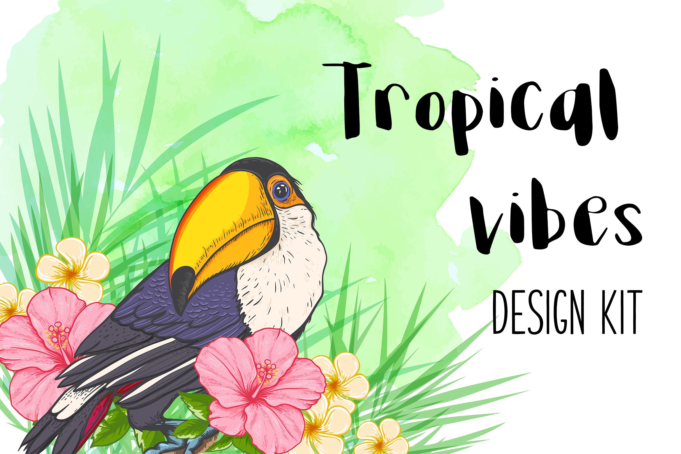 巨嘴鸟&花卉水彩手绘矢量插画素材 Tropical Vibes Vector Design Kit插图