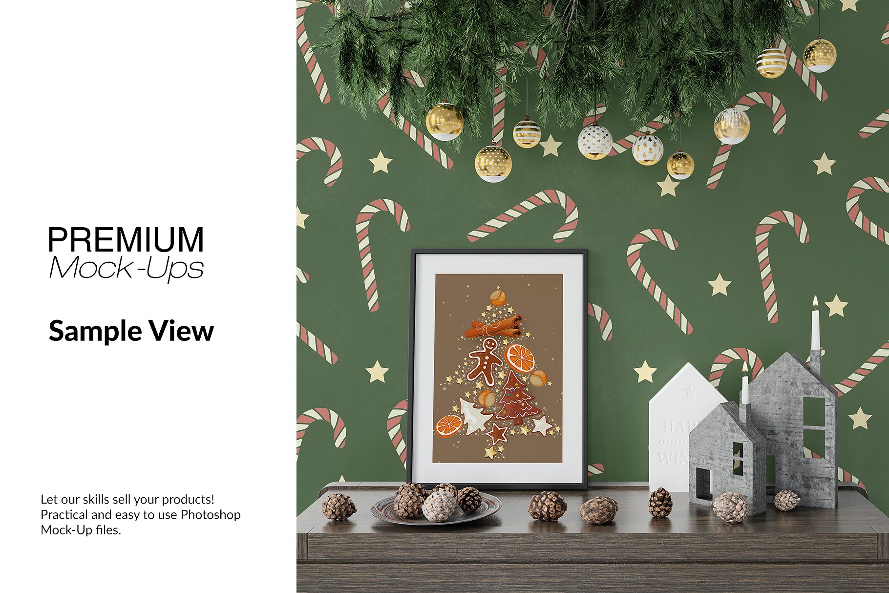 高品质的圣诞节画框框架和墙壁装饰展示样机 Christmas Frames & Wall Set [psd,jpg]插图(7)