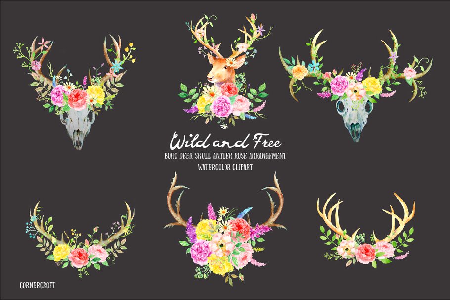 鹿与玫瑰水彩剪贴画 Watercolor Deer and Rose插图(2)