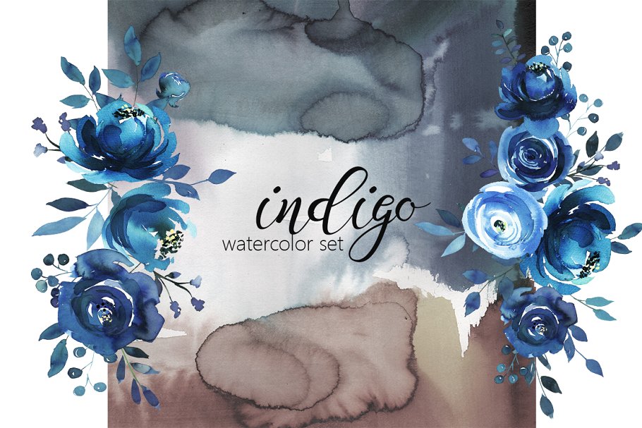 靛蓝水彩花卉剪贴画 Indigo Blue Watercolor Flowers Set插图(8)