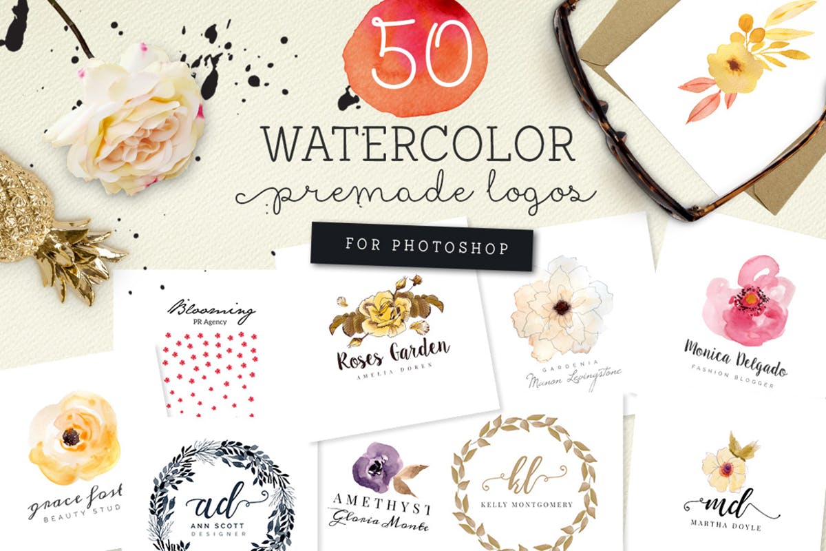 50组预制水彩Logo设计模板 50 Premade Watercolor Logos插图