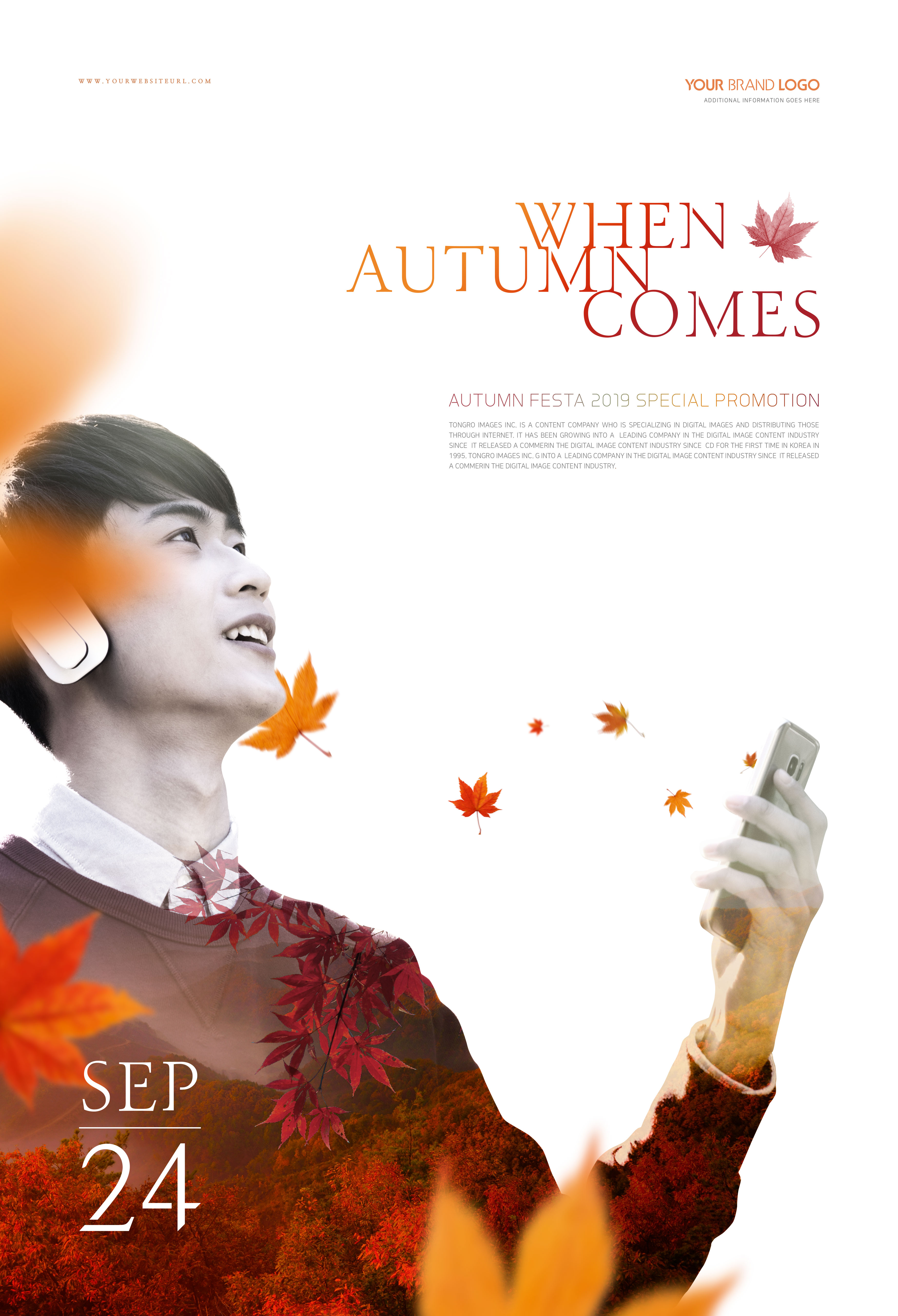 秋季枫叶人物双重曝光主题海报设计模板插图