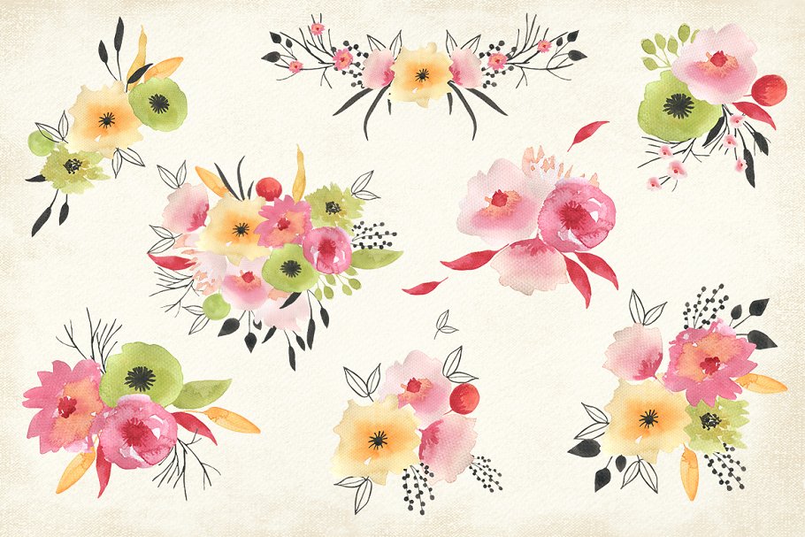 淡雅水彩颗粒感花卉剪贴画 Watercolor Bouquets插图(4)