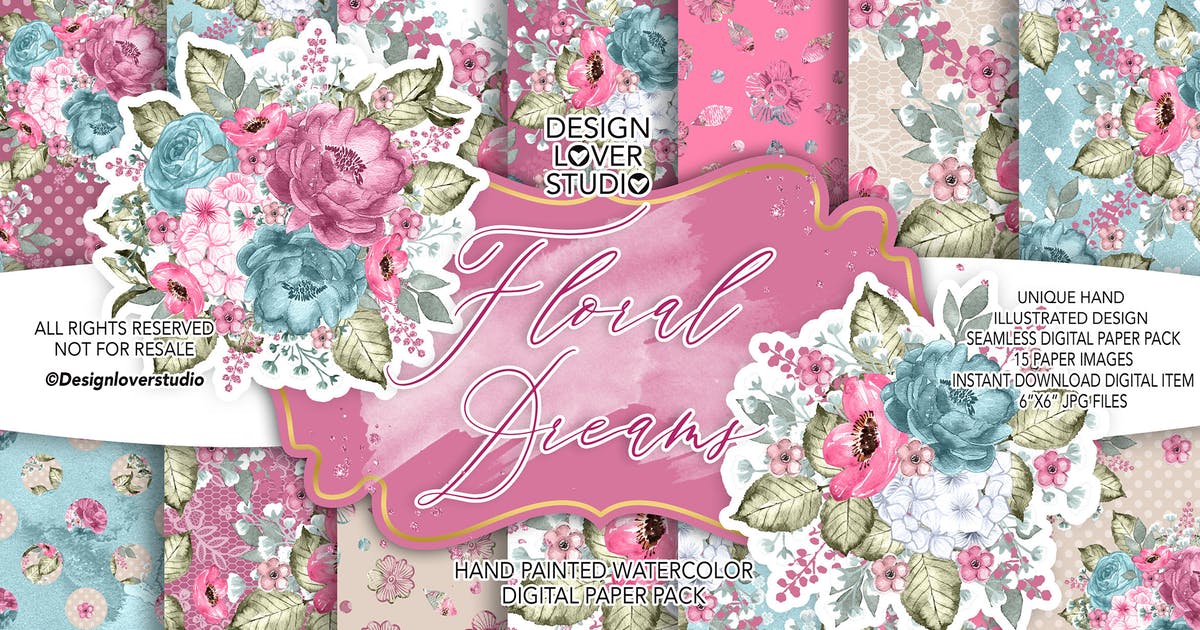 粉红水彩花卉婚礼图案纹样设计素材 Floral Dreams digital paper pack插图