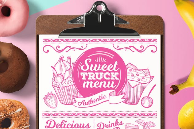 甜品食物面包店粉笔画风格菜单设计模板 Sweet Truck Menu插图(1)