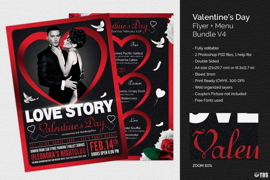 浪漫情人节专题海报传单PSD模板V.4 Valentines Day Flyer+Menu PSD V4插图