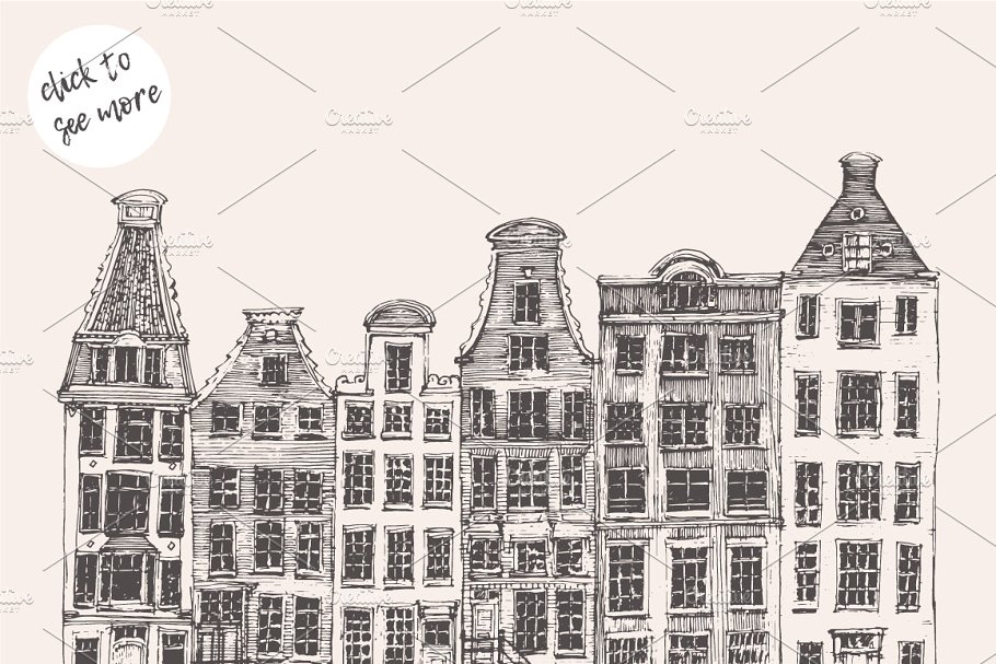 阿姆斯特丹运河住宅楼楼房素描矢量图形 Set of Amsterdam Canal Houses插图(1)