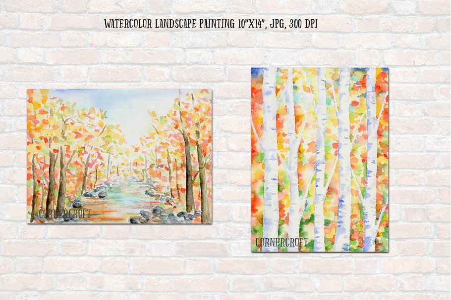 手绘水彩秋天山水景观背景 Watercolor Landscape Autumn Color插图(3)