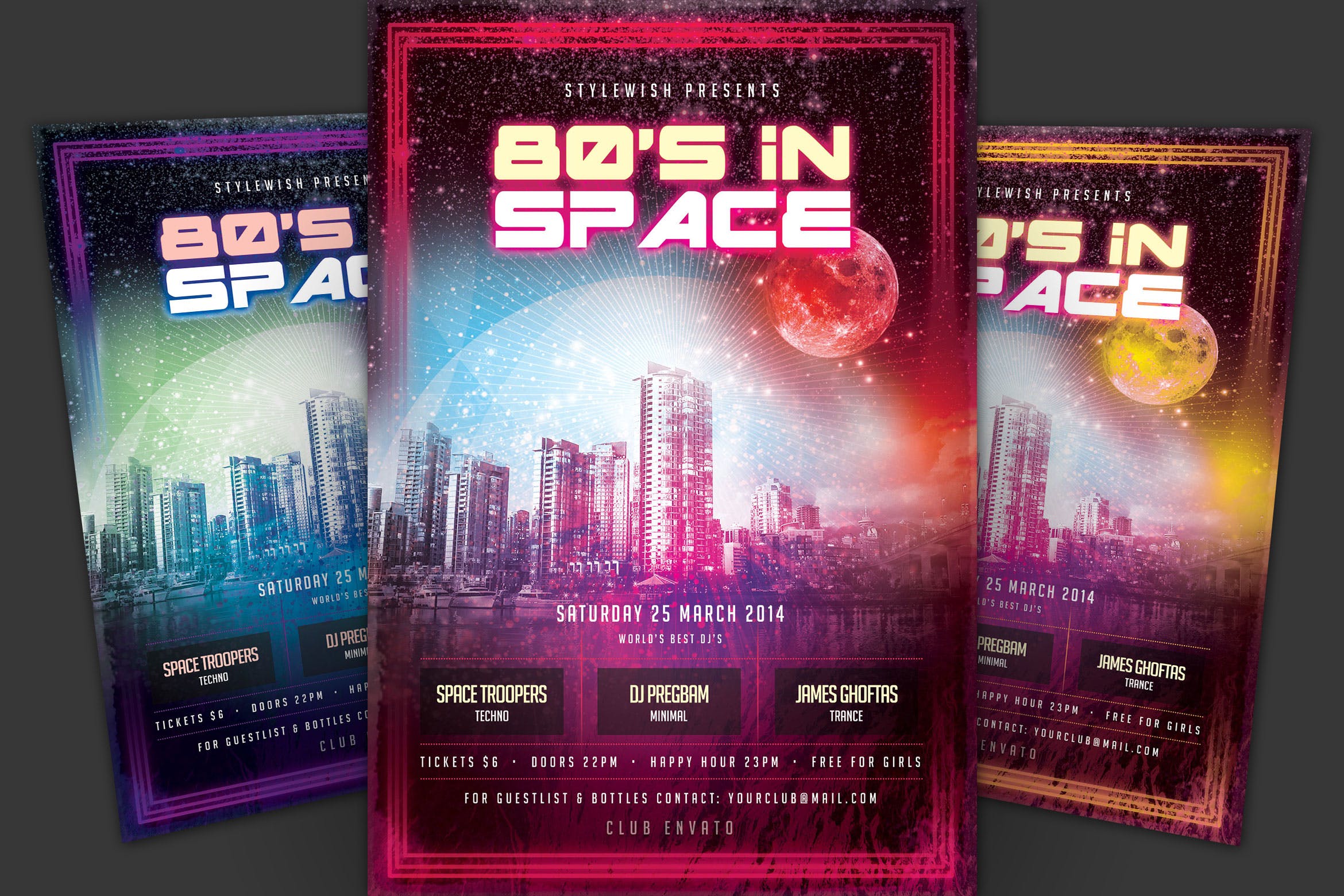 80年代设计风格DJ音乐/夜总会活动海报传单模板 80s In Space Flyer插图