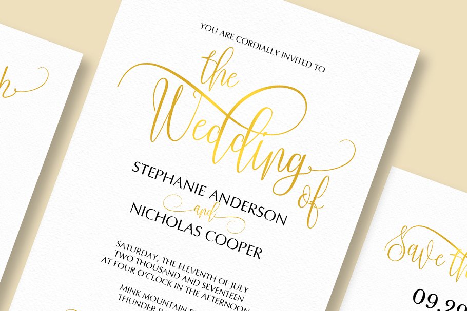 现代典雅漆字婚礼请柬模板套装 Gold elegant wedding invitation插图(3)