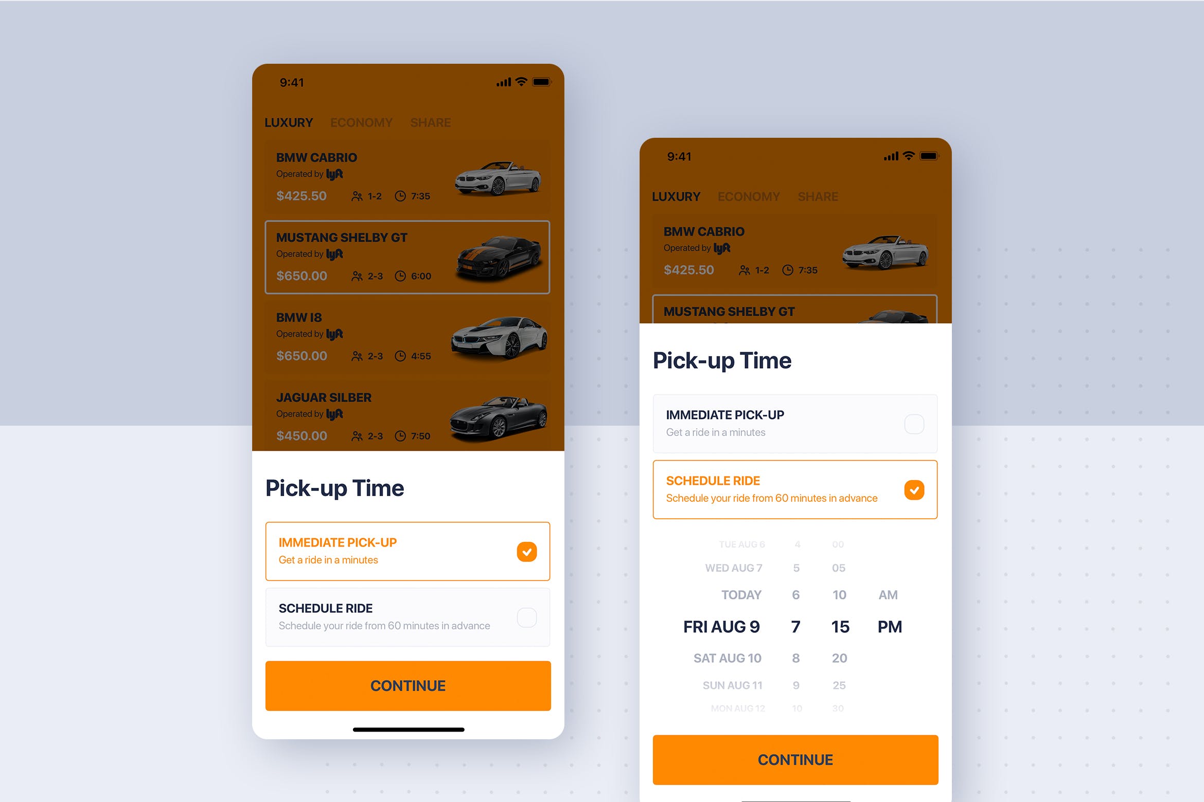 类滴滴打车APP应用预约时间设置界面设计模板 Car rental mobile UI Kit – Schedule time插图