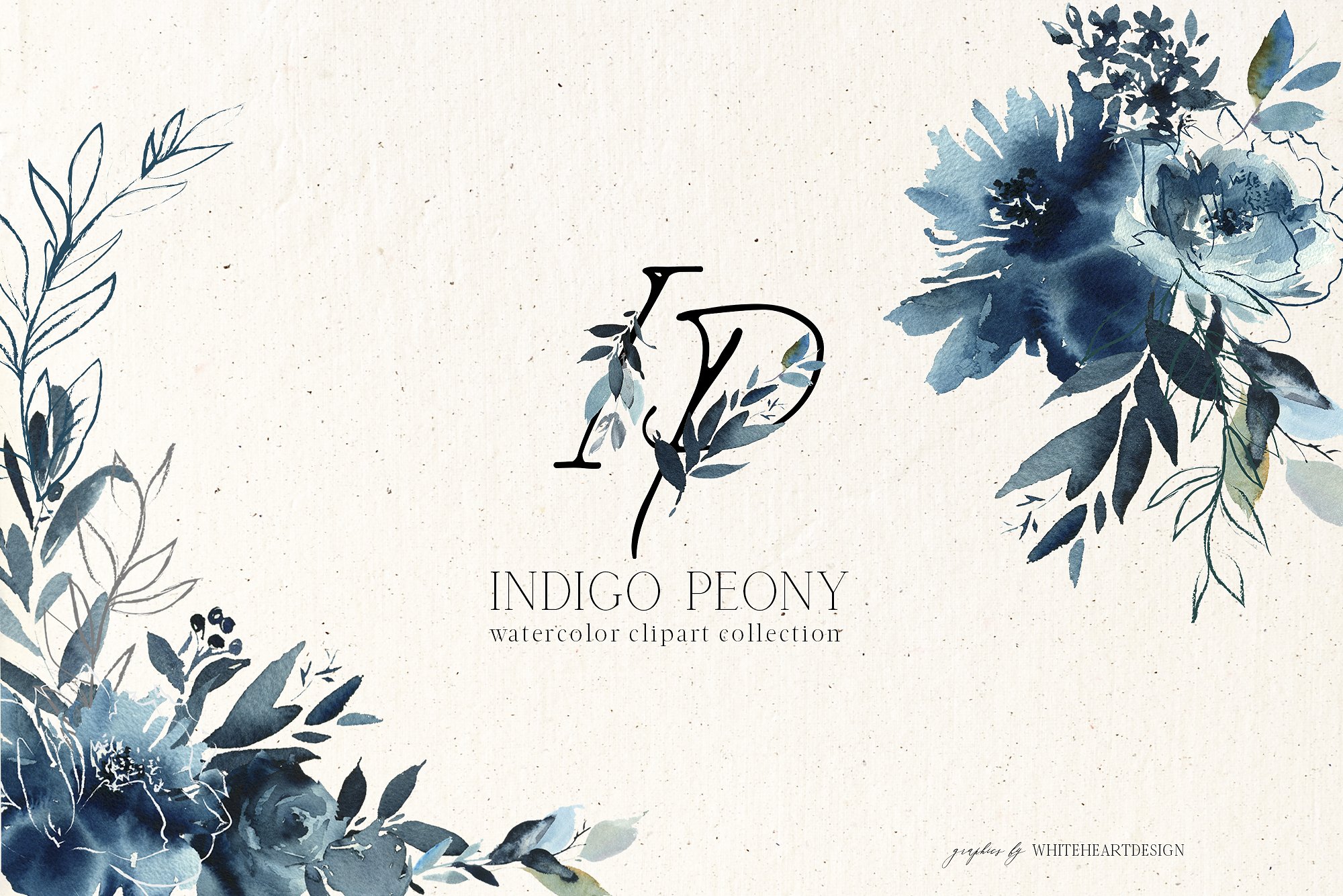 靛蓝牡丹花水彩花卉剪贴画 Indigo Peony Watercolor Floral Set插图
