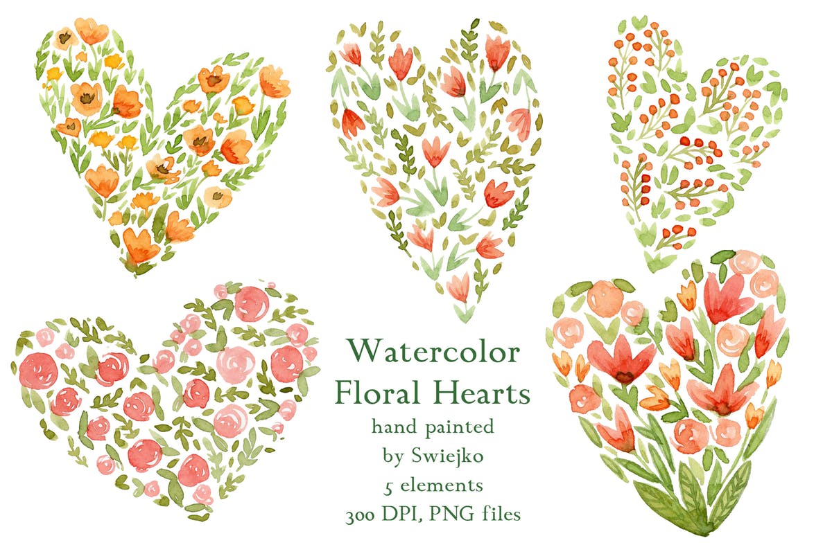 爱心花卉水彩插画素材 Watercolor Floral Hearts插图