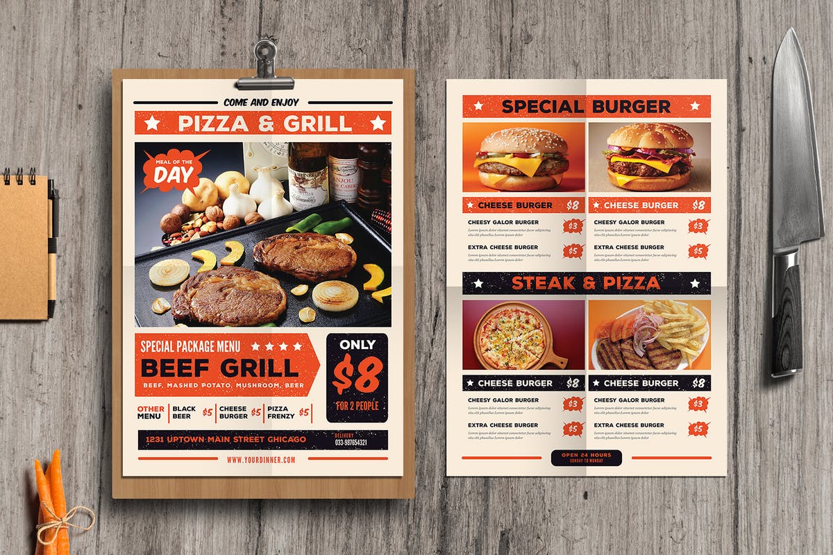 复古西餐厅食品传单菜单设计模板 Retro Food Flyer Menu插图