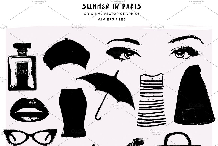 夏季巴黎时尚矢量元素插图 Summer In Paris Vector Graphics插图(1)