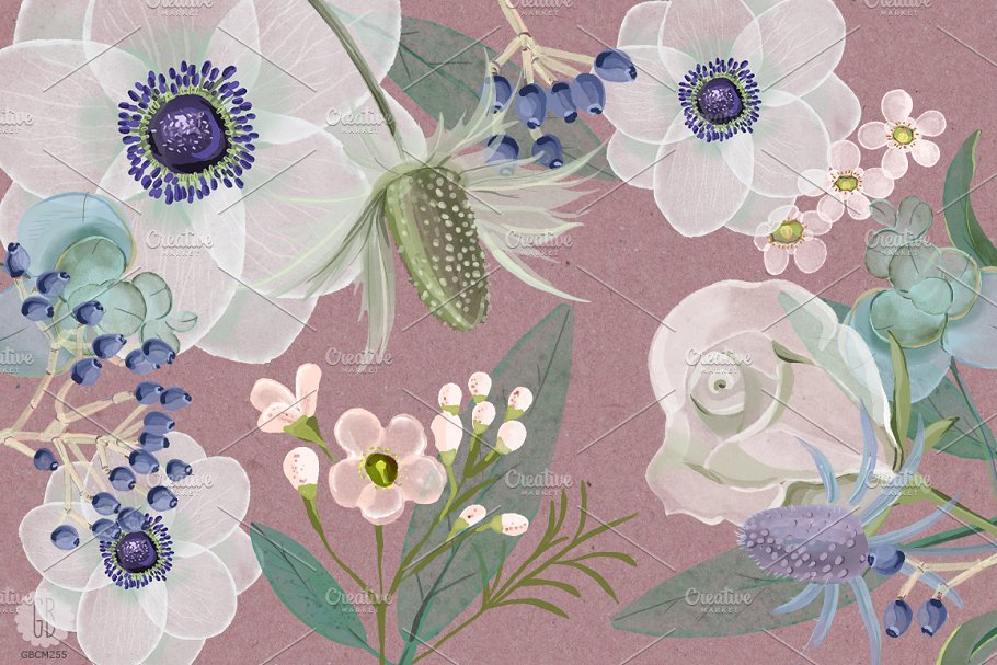 淡雅水彩海葵花束插画艺术素材 Watercolor florist bouquet anemone插图(2)