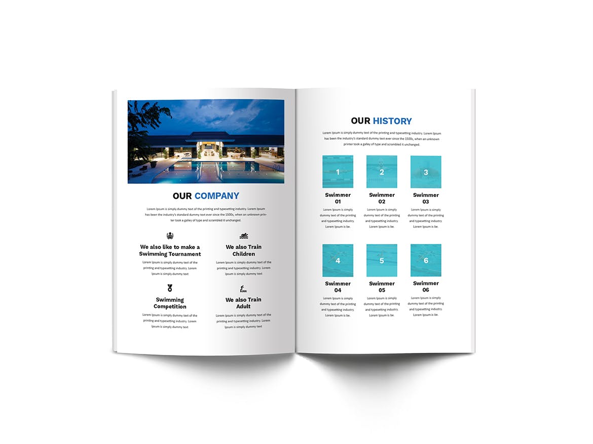 A4尺寸游泳培训班课程招生宣传画册设计模板 Swimming A4 Brochure Template插图(5)