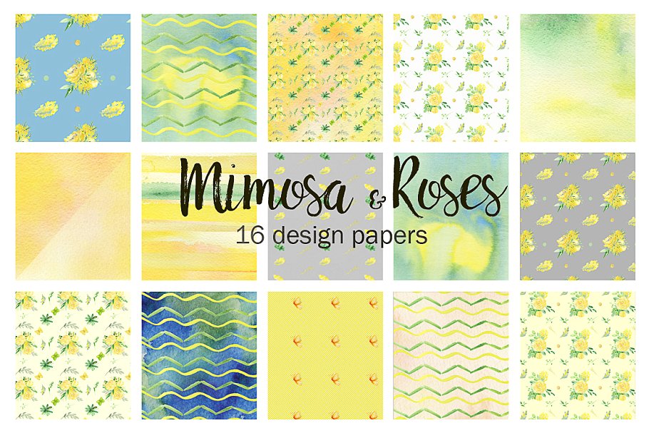 黄色含羞草&蔷薇花水彩插画素材 Mimosa & roses  yellow flowers插图(5)