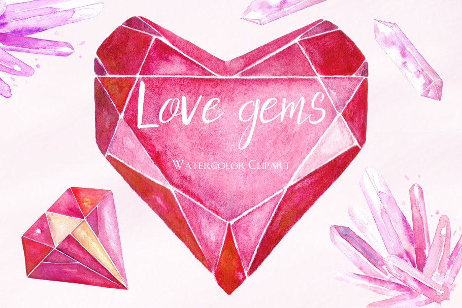 浪漫柔嫩水彩宝石剪贴画 Valentine’s clipart. Hearts gems.插图(1)
