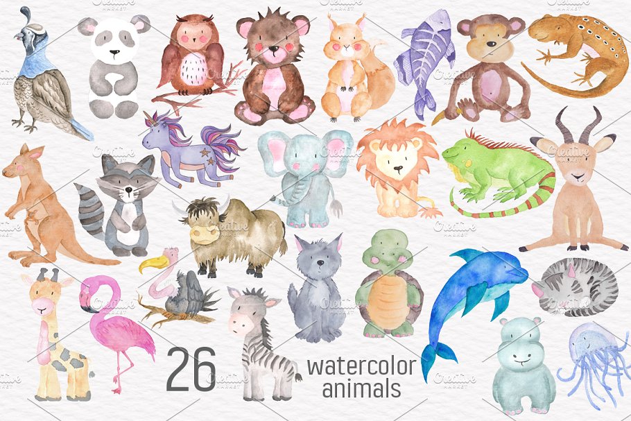 字母、可爱动物水彩图案&纹理 Alphabet Watercolor Animals Kit插图(3)