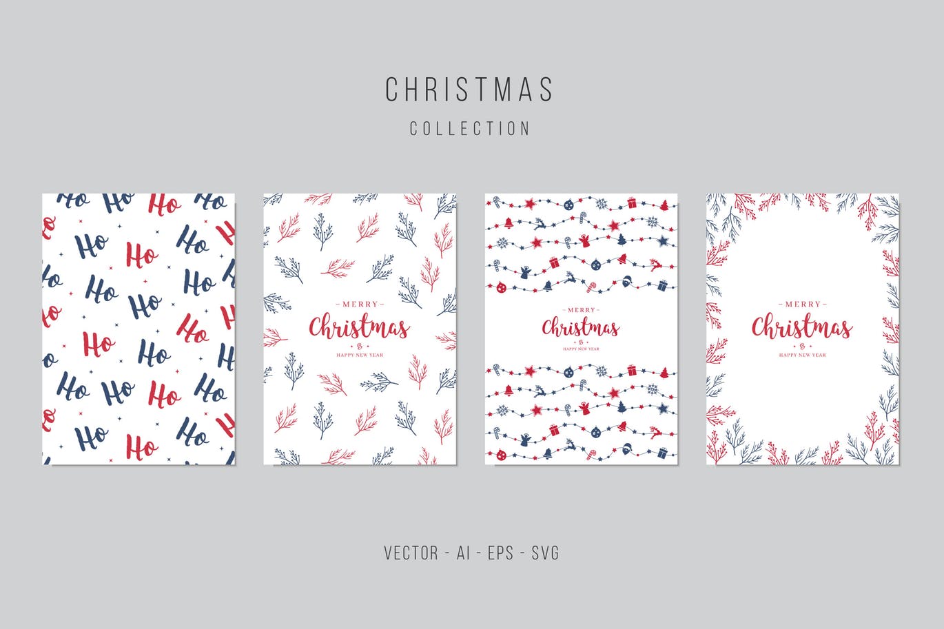 圣诞元素背景圣诞祝福贺卡矢量设计模板集 Christmas Greeting Vector Card Set插图