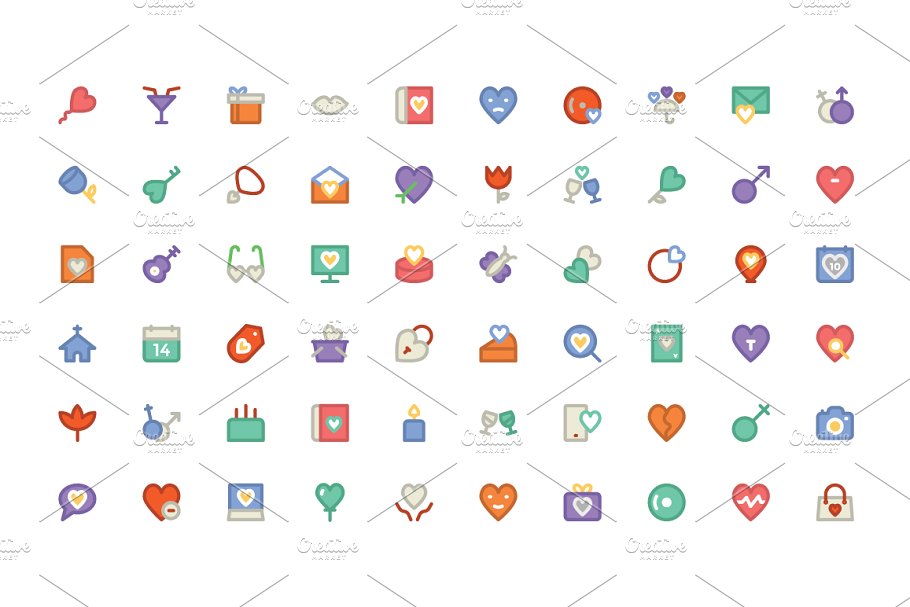 250个爱情和浪漫元素的彩色图标集合  250 Love and Romance Colored Icons插图(3)