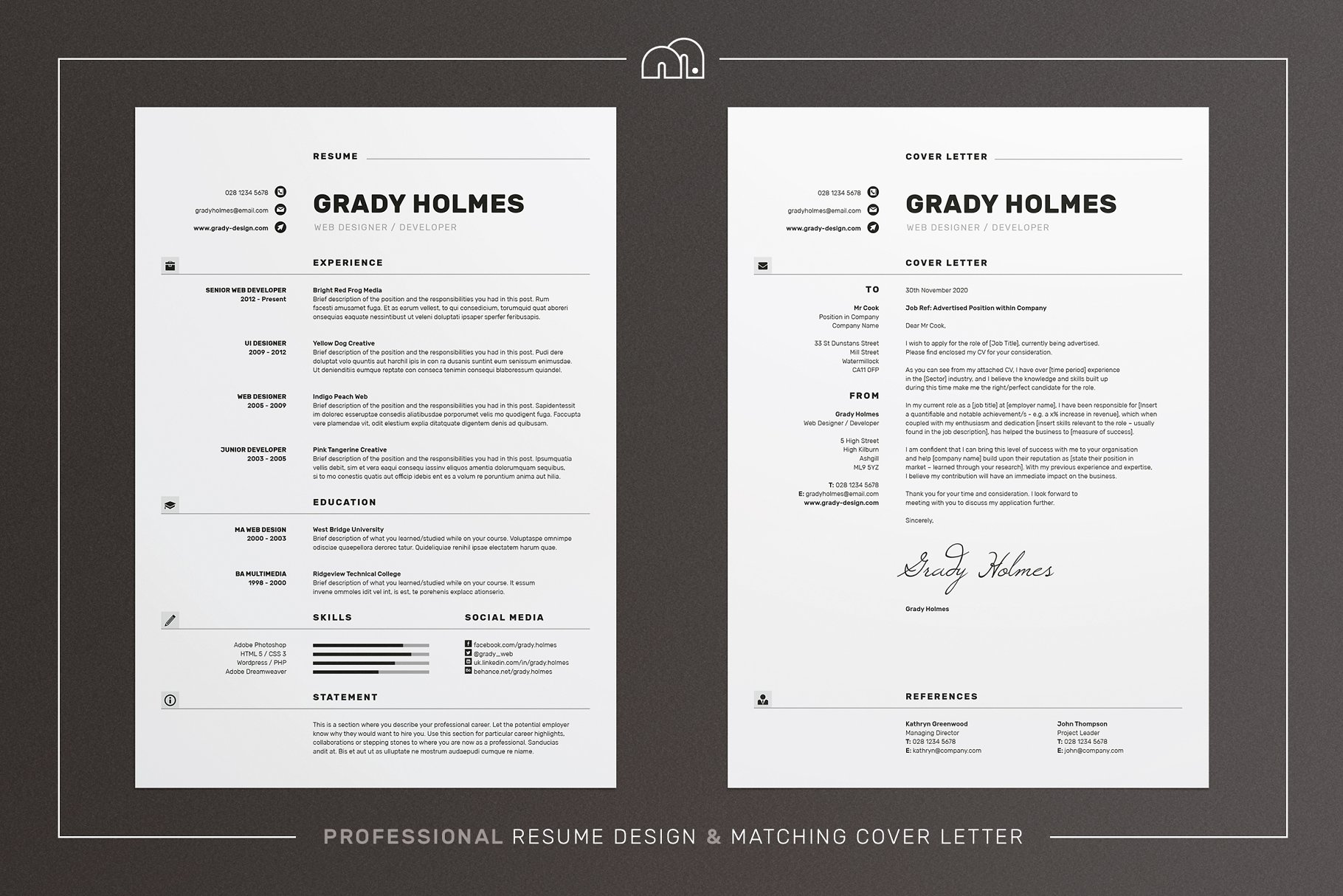 两列式简约专业简历模板 Grady – Resume/CV插图(1)