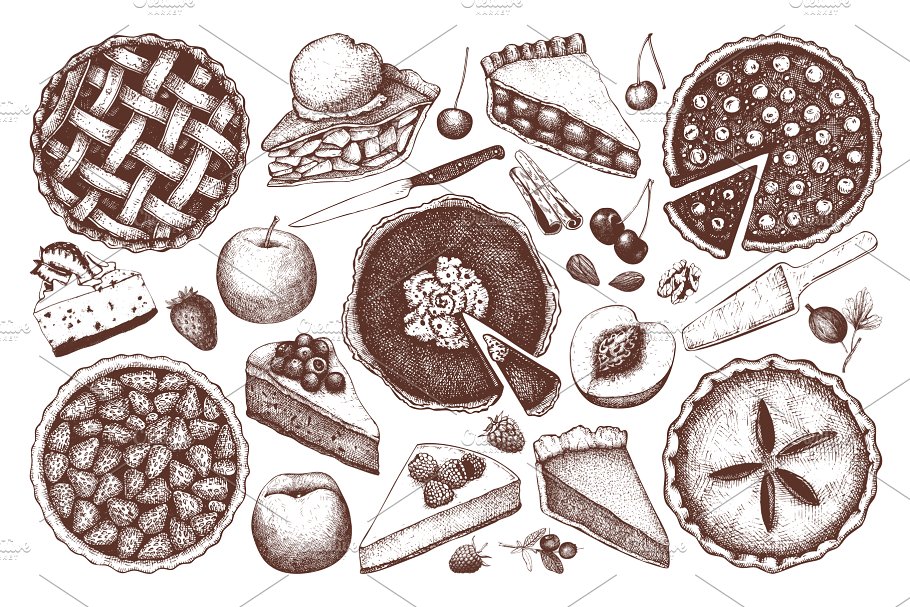 水果糕点及甜点插画设计套件 Fruit Pastries & Desserts Set插图(1)