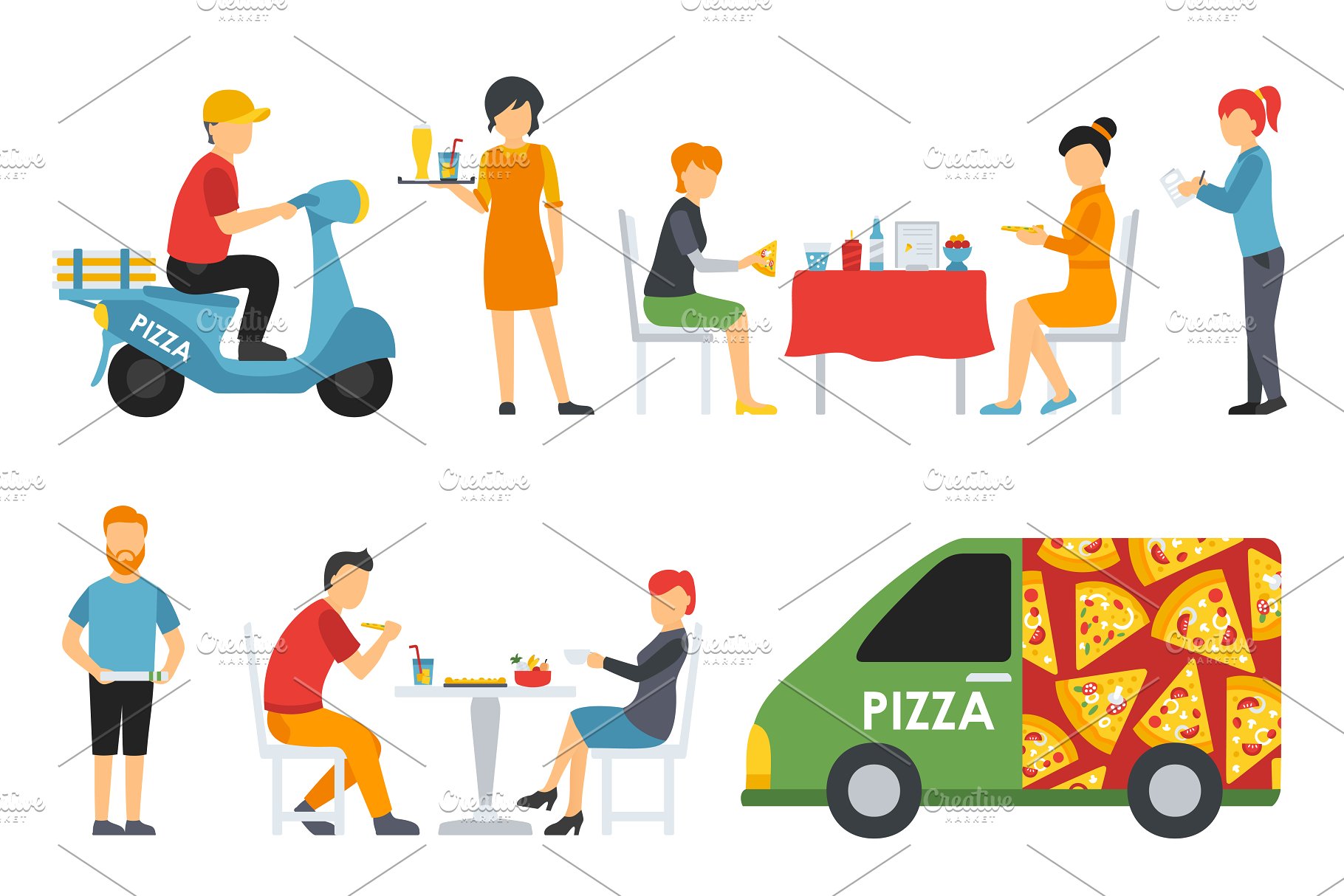 各式职业人员吃披萨形象扁平化设计矢量插画 Pizzeria – flat people set插图(17)