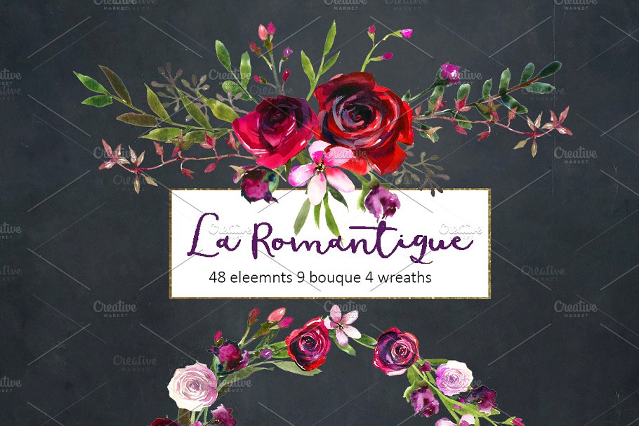 勃艮第红粉水彩花卉剪贴画 Burgundy Red Pink Flowers Clipart插图(10)