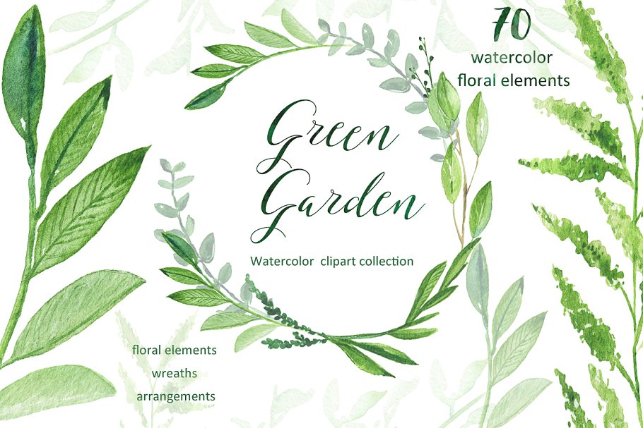 绿色花园水彩素材集 Green garden. Watercolor collection插图(1)