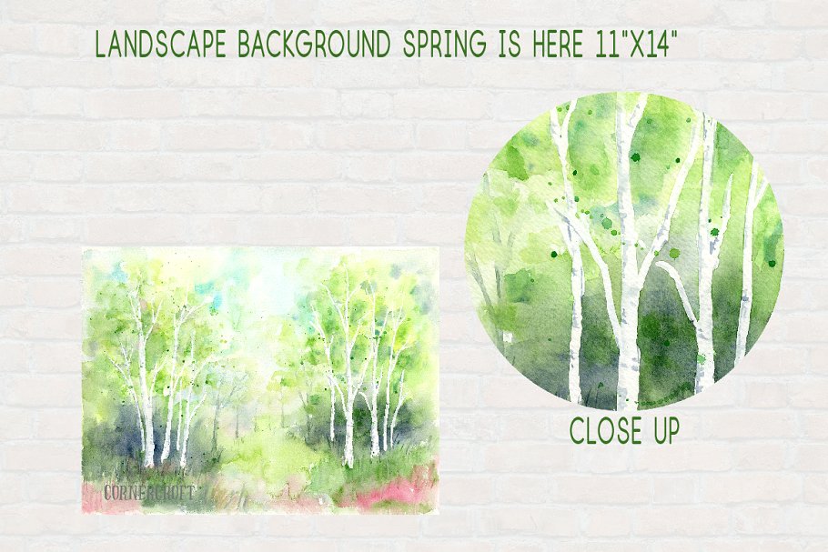 手绘春季山水水彩背景 Watercolour Landscape Print Spring插图(2)