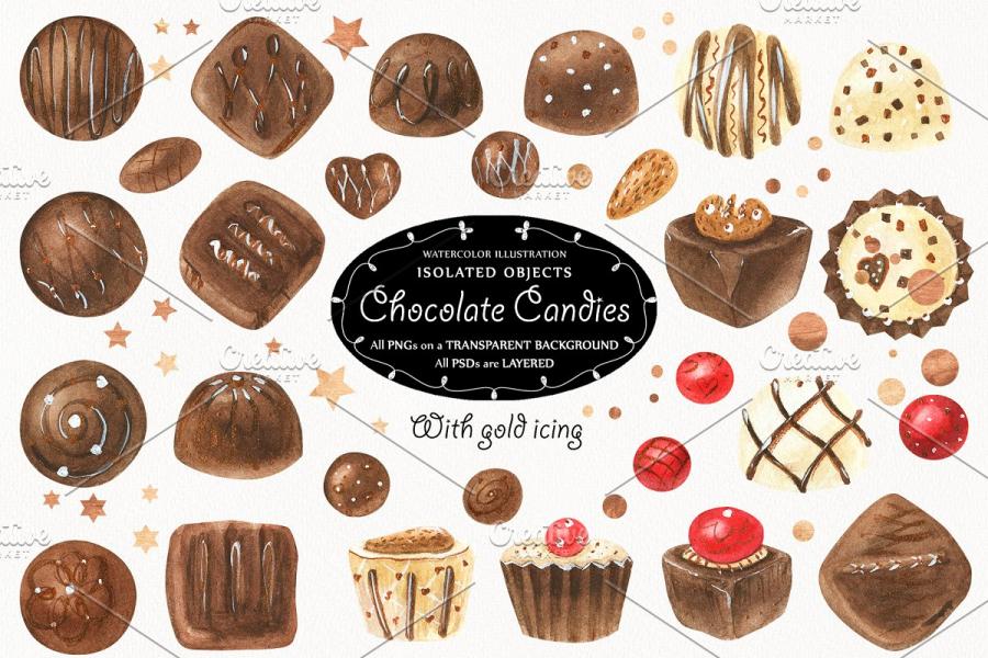 巧克力糖果甜品主题水彩插画插图