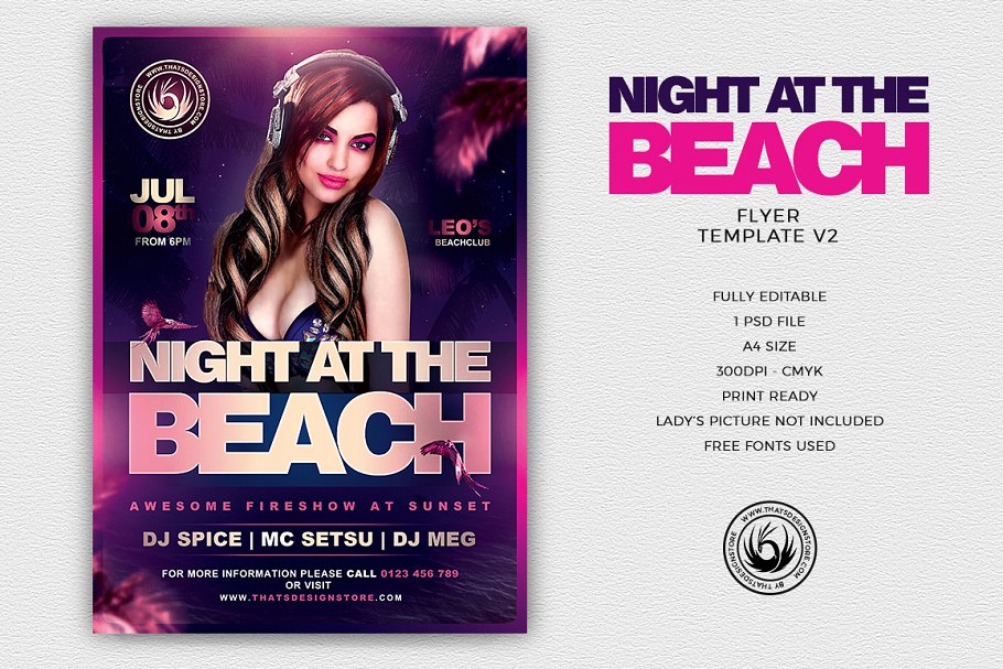 夜店俱乐部派对宣传海报PSD模板V2 Night at the Beach Flyer PSD V2插图