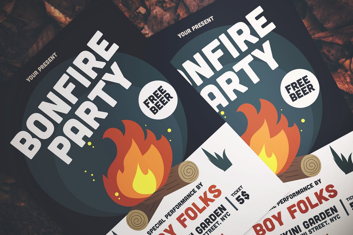 篝火晚会节日活动传单设计模板 Bonfire Party Flyer插图