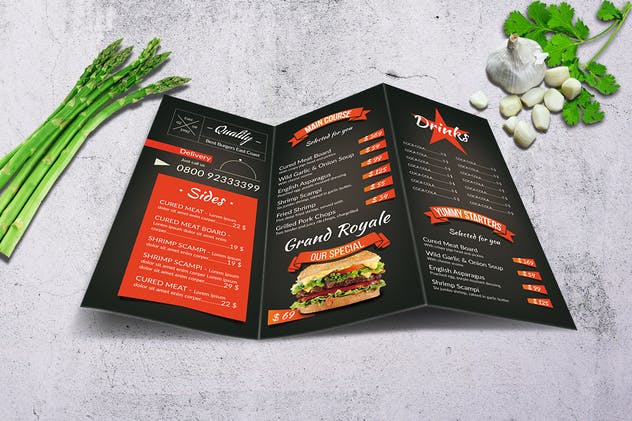 烧烤吧主题餐厅三折页食物菜单模板 Grill BBQ Trifold Food Menu插图(2)