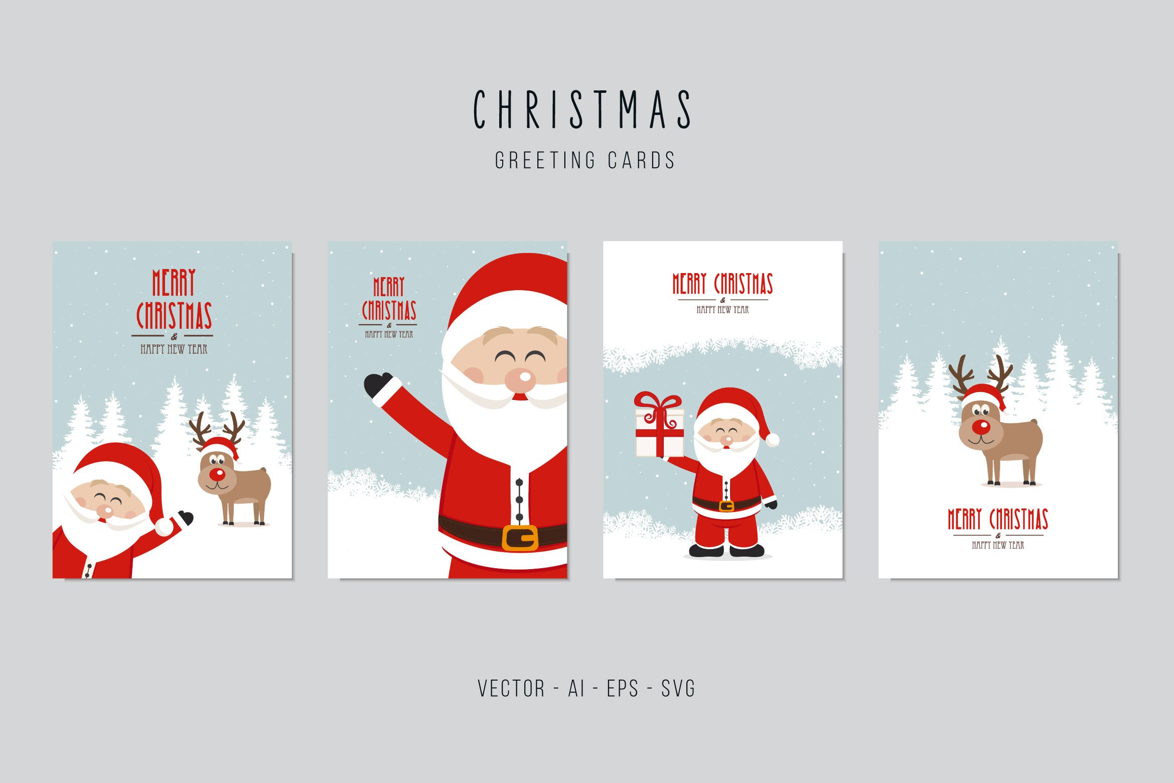 圣诞老人&驯鹿矢量圣诞节贺卡设计模板 Christmas Santa Claus and Reindeer Vector Card Set插图
