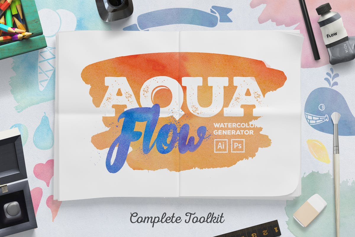 水彩设计素材大杂烩[笔刷/图案/图层样式/符号] AquaFlow Watercolor Generator插图