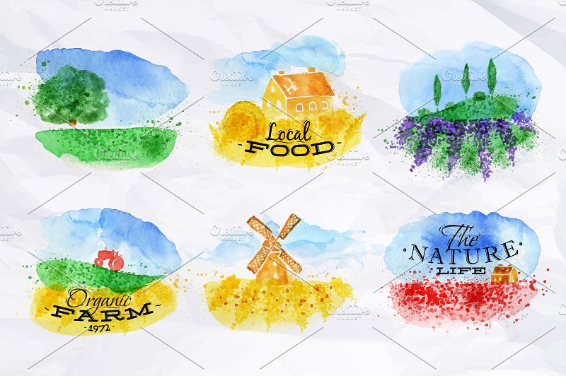 农场主题水彩符号 Symbolic Watercolor Fields插图