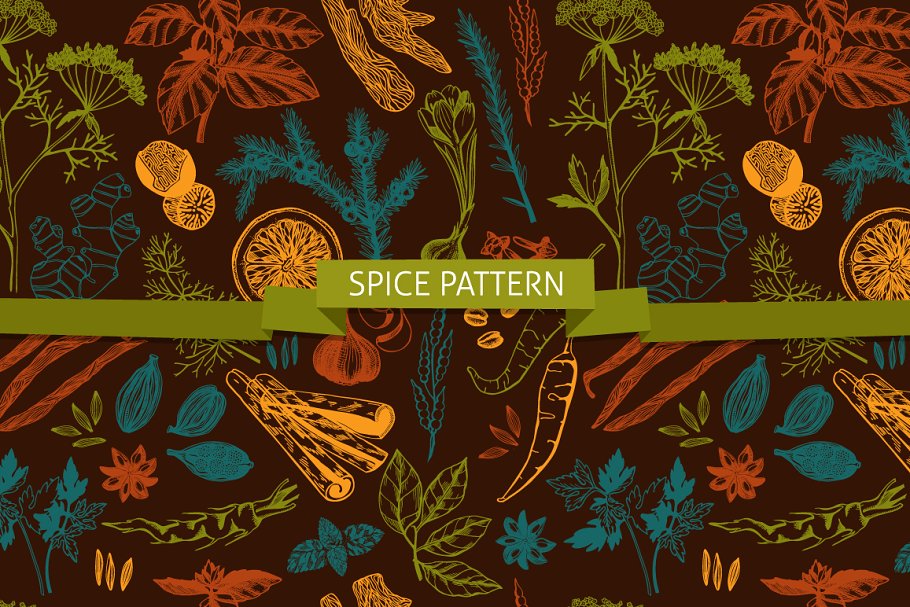 手绘厨房香料图案背景素材 3 Kitchen Spice Patterns Set插图(2)