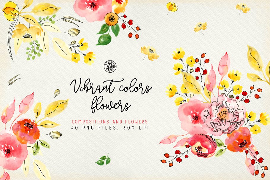 手工制作的水彩花朵花卉  Vibrant Colors Flowers插图