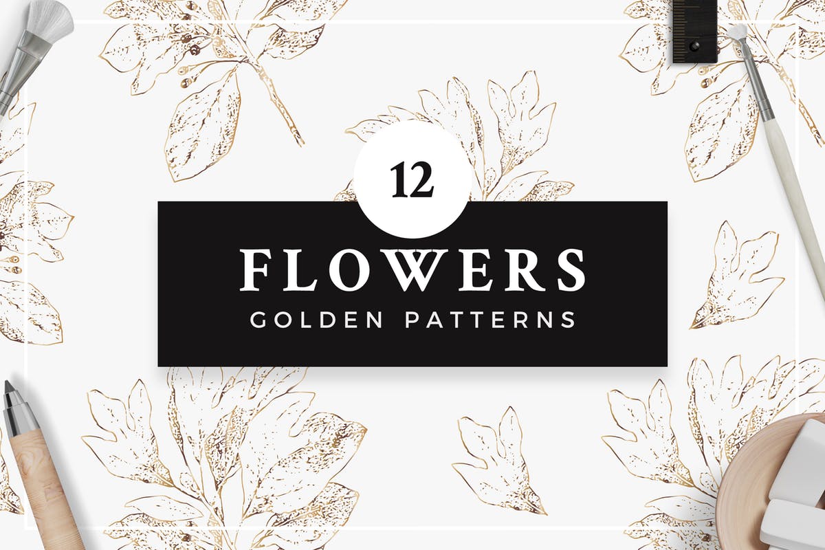 12款优雅金色花朵手绘图案素材 Golden Flower Patterns Collection插图