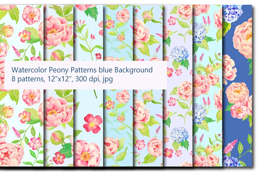 经典蓝色主题无缝水彩牡丹绣球图案 Peach Peony Hydrangea Blue Pattern插图