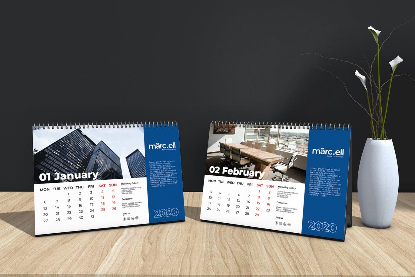 2020年深蓝色翻页台历表设计模板 Marcell Corporate Table Calendar 2020插图(2)